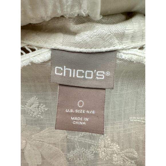 CHICO’S | White Embroidered Button Jacket Top Drawstring Waist | Size 0 Small - Picture 6 of 7